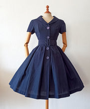 Charger l'image dans la galerie, 1950s - Lovely Navy Blue Belted Dress - W26 (66cm)