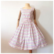Cargar imagen en el visor de la galería, 1950s - Adorable Color Stripes Belted Cotton Dress - W26 (66cm)