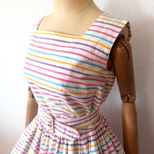 Cargar imagen en el visor de la galería, 1950s - Adorable Color Stripes Belted Cotton Dress - W26 (66cm)