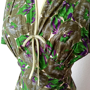 1940s - Stunning Abstract Floral Green Cotton Dress - W33 (84cm)