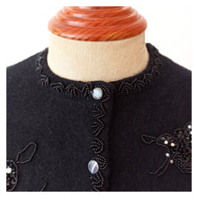 Charger l'image dans la galerie, 1950s - Stunning Beaded Butterflies Black Wool Cardigan