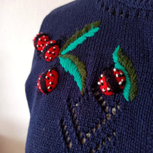 Carica l'immagine nel visualizzatore di Gallery, 80s does 50s - RENÉ DERHY, France - Navy Blue Ladybugs Cardigan - Sz. S/M