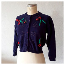 Carica l'immagine nel visualizzatore di Gallery, 80s does 50s - RENÉ DERHY, France - Navy Blue Ladybugs Cardigan - Sz. S/M