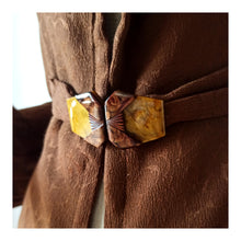 Load image into Gallery viewer, 1930s 1940s - Elegant Brown Rayon Silk Lucite Buckle Duster