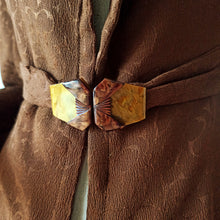 Load image into Gallery viewer, 1930s 1940s - Elegant Brown Rayon Silk Lucite Buckle Duster