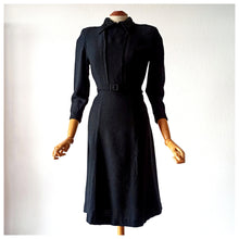 Load image into Gallery viewer, 1940s - Black Padded Shoulders Textured Rayon Wool Dress - W32 (82cm)