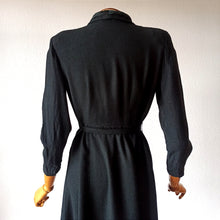 Load image into Gallery viewer, 1940s - Black Padded Shoulders Textured Rayon Wool Dress - W32 (82cm)