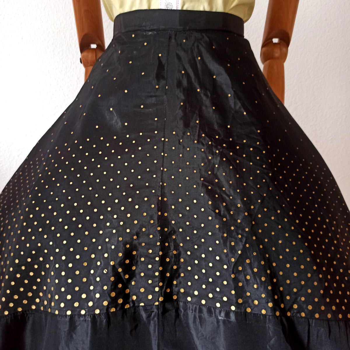 Extraordinary 1950s Sophie of Saks Gold Silk Skirt w Extensive Hand Applied Black Cord Appliqué