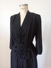Load image into Gallery viewer, 1940s - Superb Belted Peplum Black Crepe Dress - W31 (80cm)