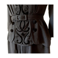 Load image into Gallery viewer, 1940s - Superb Belted Peplum Black Crepe Dress - W31 (80cm)