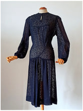 Cargar imagen en el visor de la galería, 1930s - Exquisite Art Deco Ink Blue Sheer Dress - W39 (100cm)