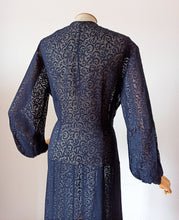 Cargar imagen en el visor de la galería, 1930s - Exquisite Art Deco Ink Blue Sheer Dress - W39 (100cm)