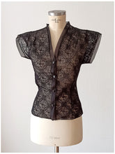 Charger l'image dans la galerie, 1950s - France - Deadstock Superb Black Nylon Velvet Blouse - Sz 42