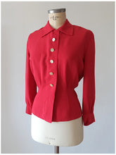 Cargar imagen en el visor de la galería, 1940s - Exquisite Cherry Red Gabardine Rayon Blouse - W35 (90cm)