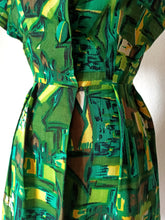 Charger l'image dans la galerie, 1950s 1960s - Fabulous Abstract Green Linen Dress - W28.5 (72cm)