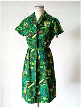 Charger l'image dans la galerie, 1950s 1960s - Fabulous Abstract Green Linen Dress - W28.5 (72cm)
