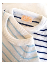 Cargar imagen en el visor de la galería, 1950s 1960s - Charming Powder Blue Striped Orlon Jumper - Sz S/M