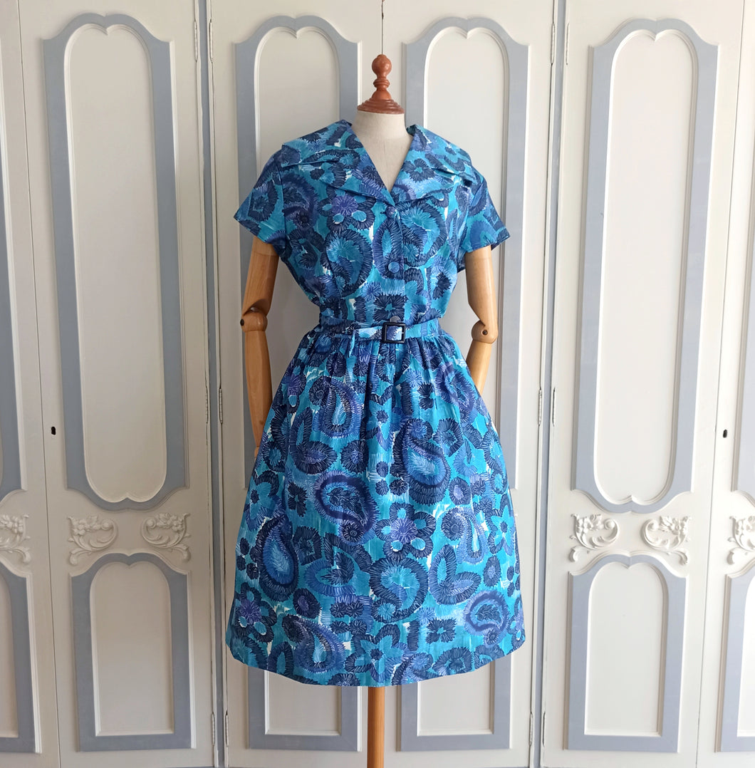 1950s - Stunning Abstract Floral Cotton Dress - W33 (84cm)
