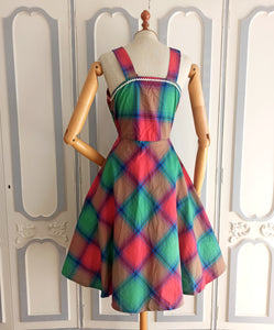 1940s - Gorgeous Colorful Plaid Cotton Dress - W29 (74cm)