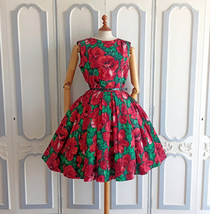 1950s - Spectacular Floral Print Satin Dress - W31.5 (80cm)