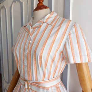 1950s - Adorable Orange Stripes Cotton Shirt-Dress - W30 (76cm)