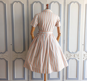 1950s - Adorable Orange Stripes Cotton Shirt-Dress - W30 (76cm)