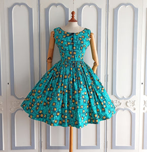 1950s - UNWORN - Fabulous Abstract Atomic Cotton Dress - W25/26 (64/66cm)