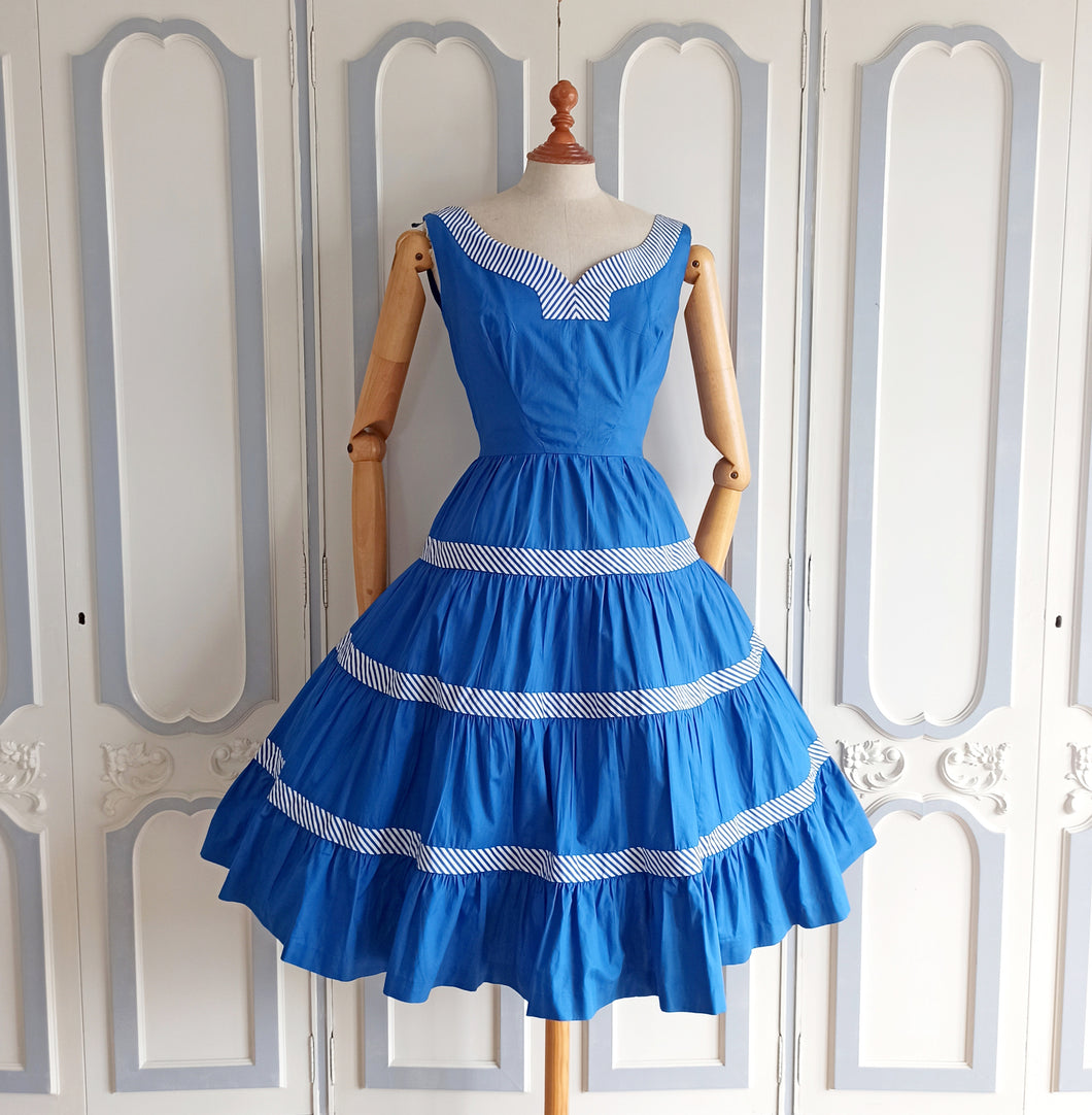 1950s - Adorable Navy Stripes Cotton Dress - W24 (62cm)