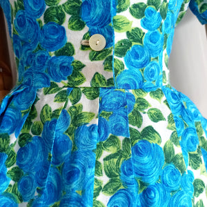 1950s - Fabulous Blue Roseprint Dress - W27.5 (70cm)