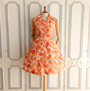 1950s 1960s - PARIS - Stunning Orange Floral Dress - W28.5 (72cm)