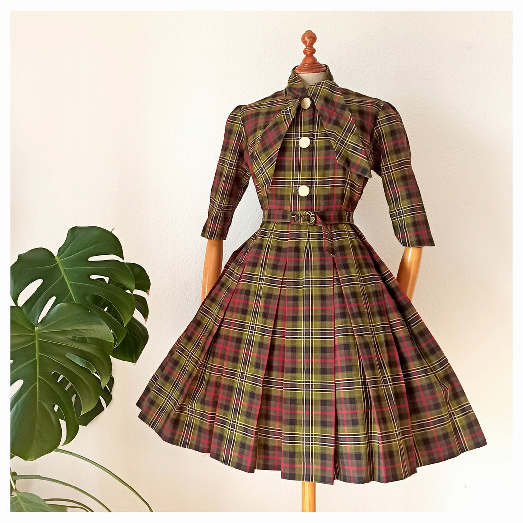 1950s 1960s - Elegant Green Plaid Soft Wool Dress - W32 (82cm)