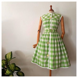 1950s - Adorable Green & White Cotton Plaid Dress - W34 (86cm)