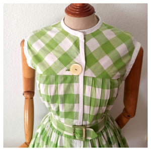 1950s - Adorable Green & White Cotton Plaid Dress - W34 (86cm)