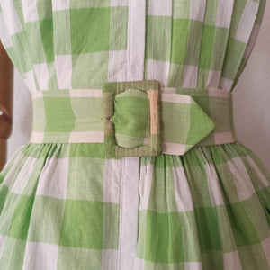 1950s - Adorable Green & White Cotton Plaid Dress - W34 (86cm)