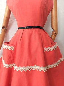 1950s - ERVASTIL - Stunning Salmon Pockets Linen Dress - W25 (64cm)