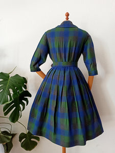 1950s - Gorgeous Green Blue Tartan Wool Dress - W28 (72cm)
