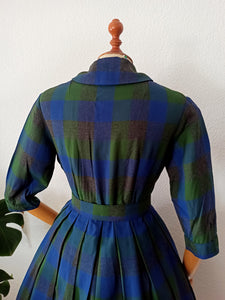 1950s - Gorgeous Green Blue Tartan Wool Dress - W28 (72cm)