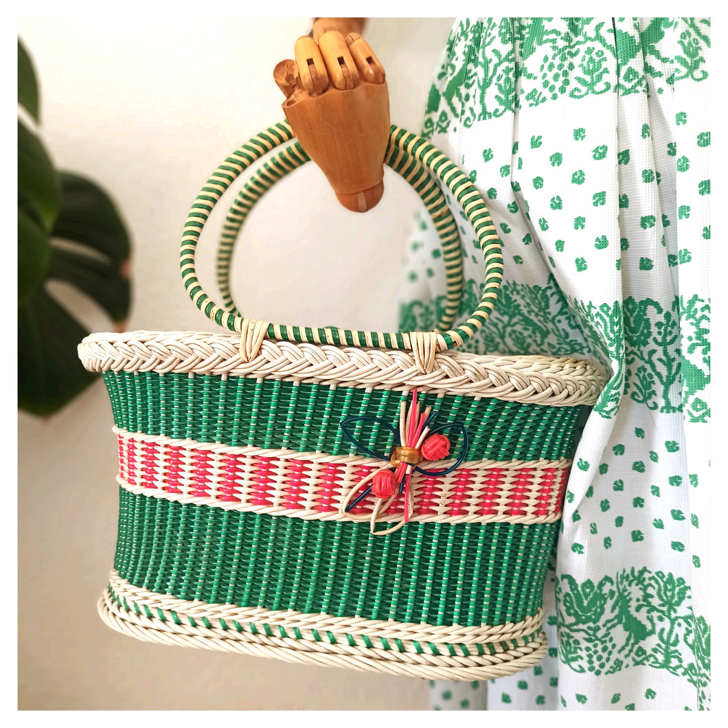 1950s  - Adorable & Huge Wicker Plastic Basket Handbag