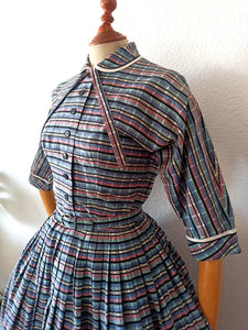 1950s - Fabulous Brick Wall Print Cotton Dress - W27 (68cm)