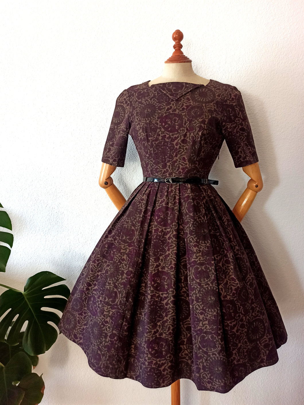 1950s 1960s - Autumnal Plum Textured Cotton Dress - W27 (68cm)