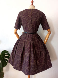 1950s 1960s - Autumnal Plum Textured Cotton Dress - W27 (68cm)