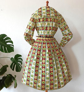 1950s - Stunning Autumnal Floral Print Cotton Dress - W27.5 (70cm)