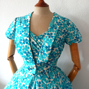 1950s - Outstanding Blue Clovers Couture Bolero Dress - W24 (62cm)