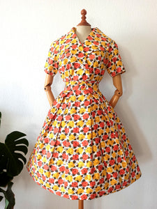 1950s - Stunning Autumnal Roses Cotton Dress - W27 (68cm)
