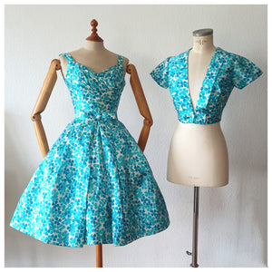 1950s - Outstanding Blue Clovers Couture Bolero Dress - W24 (62cm)