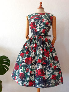 1950s 1960s - Stunning Red Abstract Roses Dress - W28 (72cm)