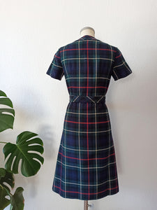 1960s - Elegant Tartan Wool Belted Dress - W33 (84cm)