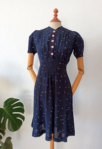 1930s - Delicious Navy Blue Silk Crepe Dress - W28 (70cm)