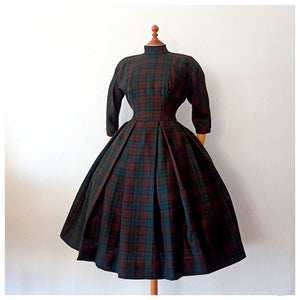 1940s 1950s - Outstanding French Plaid Tartan Wool Dress - W26 (66cm)