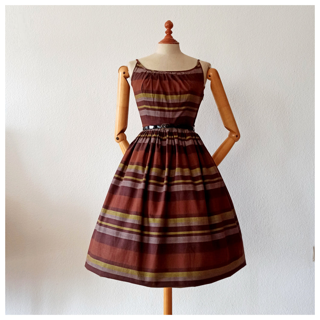 1950s - Gorgeous Autmnal Colors Cotton Dress - W24 (62cm)